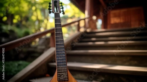 Musical stringed instrument rests on outdoor steps in traditional Asian architecture and lush greenery, creating peaceful ambiance