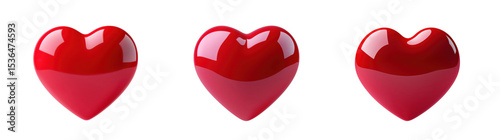 Three glossy red hearts symbolize love and affection in a minimalist design., transparent background