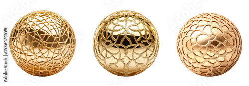 Three elegant golden spheres with unique patterns showcasing modern design., transparent background