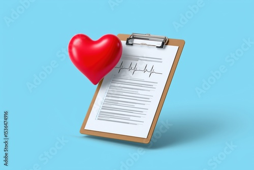 Heart health concept with ecg clipboard and 3d heart on blue background