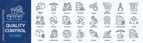 Quality control icon set. Containing inspection, evaluation, product, quality assurance, process, testing and more. Solid vector icons collection.