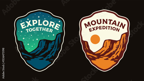 Set of vintage outdoor camping badges featuring various vector. Adventure retro stickers night and day time