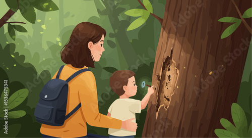 Mother and child exploring a tree trunk in a lush forest environment,  Flat vector Art