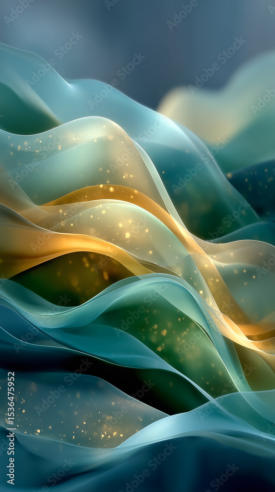 Obraz premium Abstract glowing waves in teal and gold tones with bokeh sparkles. Elegant flowing lines create a dreamy, futuristic background. Perfect for design, tech, or wellness concepts.
