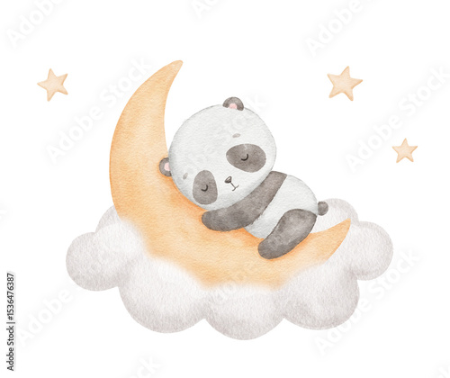 Watercolor cute panda sleeping on moon in cloud with stars, watercolor hand drawn illustration for kids, painted drawing with isolated background