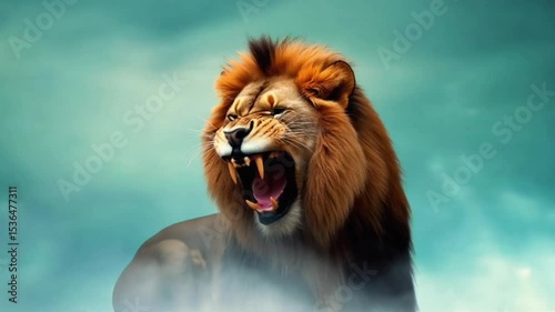 Lion rugissant isolé sur fond bleu | IA / AI 