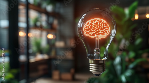 A light bulb shaped like a brain in a modern loft office. The background represents creativity, intelligence and breakthrough ideas, for themes of artificial intelligence, smart technology, innovation