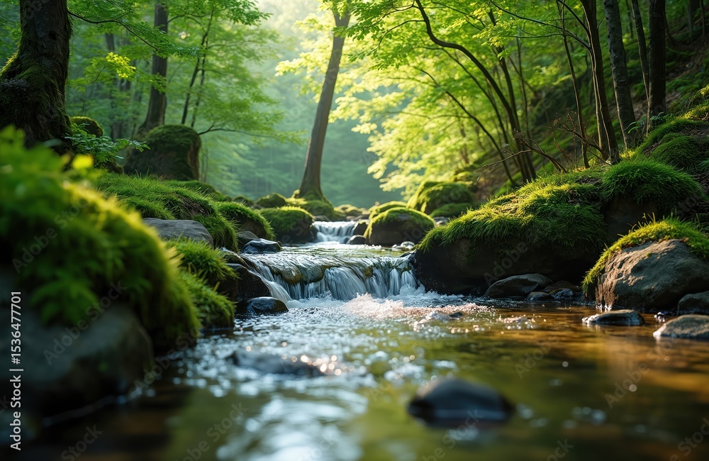 Obraz premium Crystal clear stream flows through green forest. Sunlight filters leaves moss covered rocks. Nature landscape scenic background. Tranquil, idyllic, fresh, clean, healthy environment. Picturesque,