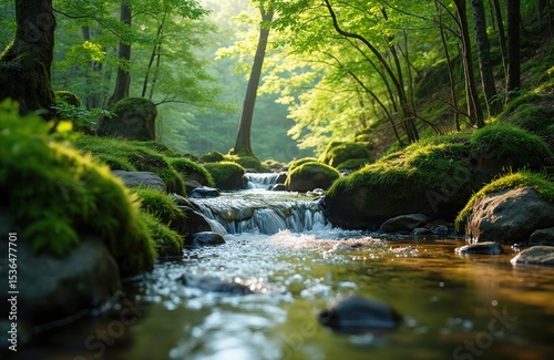 Crystal clear stream flows through green forest. Sunlight filters leaves moss covered rocks. Nature landscape scenic background. Tranquil, idyllic, fresh, clean, healthy environment. Picturesque,
