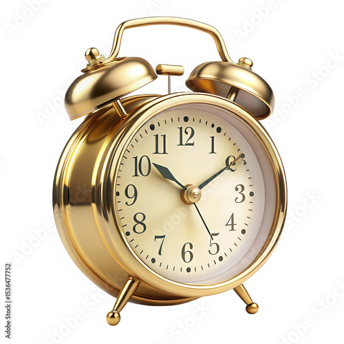 Golden alarm clock isolated on transparent background