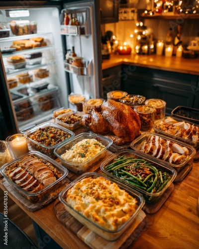 Thanksgiving leftovers in labeled containers, flat lay on a fridge shelf and relatable post-holiday visual