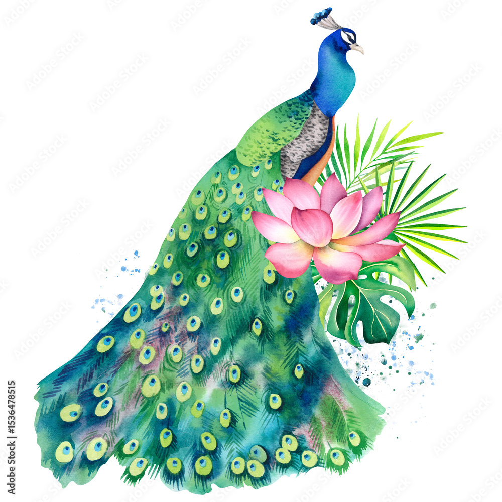 Obraz premium Peacock and lotus flower set. Hand-painted watercolor painting on a white background. Botanical illustration of monstera, palm branches and lotus. Chinese, Japanese, Indian ornaments. Zen design.