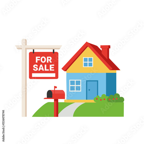 House for Sale Sign in Flat Style on White