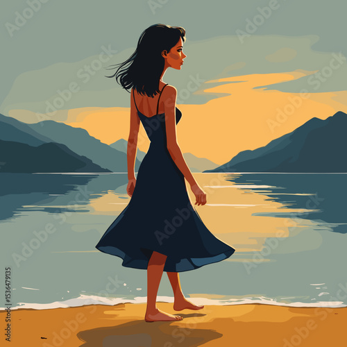 Elegant Lady Walking by Seaside at Sunrise - Minimalist Vector Illustration with Shimmering Waves