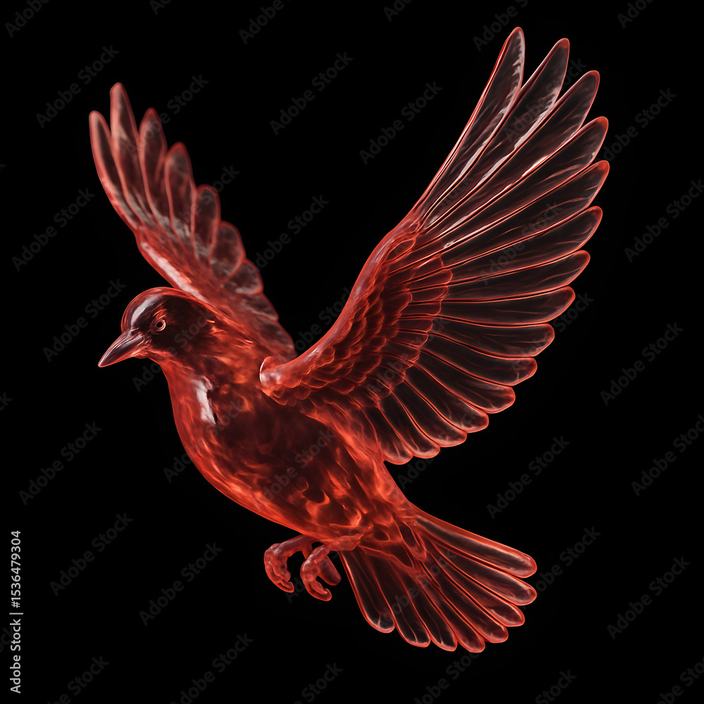 Fototapeta premium A stunning 3D rendered image of a red, translucent glass dove captured mid-flight against a stark black background.