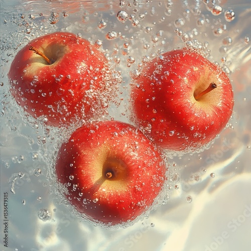 Refreshing red apples in water with bubbles captured in high angle shot healthy fruit food theme
