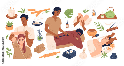 Thai massage therapy scenes set featuring traditional techniques hot stone therapy, head massage and Thai yoga massage. Hand drawn vector illustration for spa app, website.