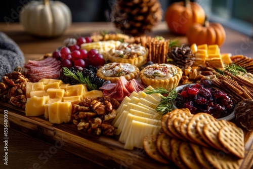 Thanksgiving-themed charcuterie board with autumn colors, cheese, nuts, dried fruits, and mini pies elegant holiday appetizer presentation 