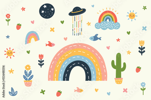 Hand Drawn Doodle Sketch Childish Element Set with Rainbow Flowers and Hearts Flat Vector