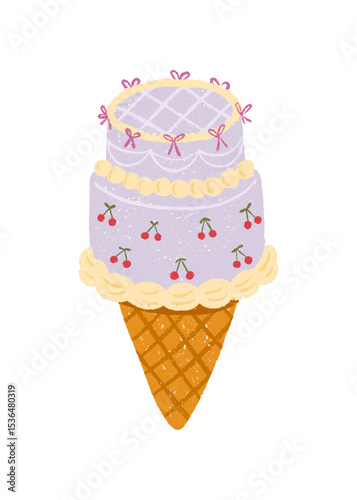 Flirty hand-drawn vector of cake ice cream cone with cherries, bows pastel frosting. Korean cute trend design, bakery aesthetic. Great for packaging, stickers, party design and confectionery goods