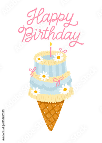 Greeting card with mini cake ice cream cone, daisies, candle and Happy Birthday lettering. Korean pastel bakery style. Vector isolated design for packaging, stickers and printables.