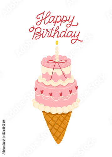 Greeting card with romantic cake ice cream cone, hearts, bow, candle and Happy Birthday lettering. Korean bakery trend. Vector isolated design for greeting, packaging and stickers