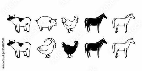 Silhouettes of farm animals cows pigs sheep and chickens