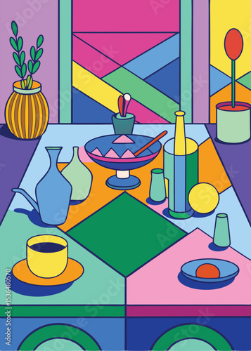 Abstract geometric still life depicting a colorful arrangement of everyday objects