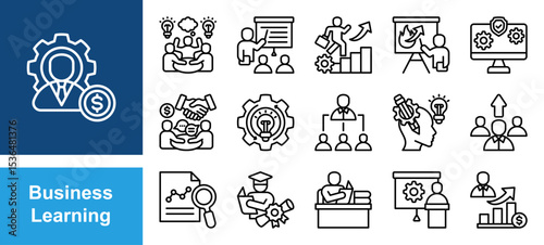 Business Learning icon set with Workshop, Course, Career, Presentation, Information System, Negotiation.