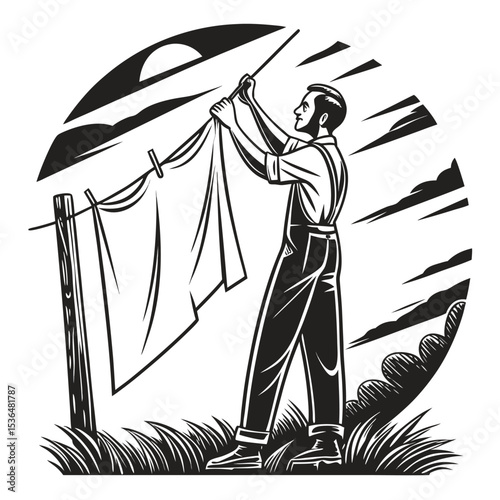 Stillness in Chores” – Man Hanging Laundry at Dusk