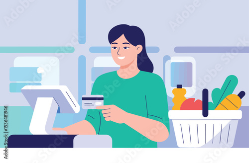 Smiling Woman Paying with Credit Card at Supermarket Checkout