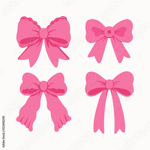 Ribbon bow set. Beautiful bow drawn in cartoon flat style