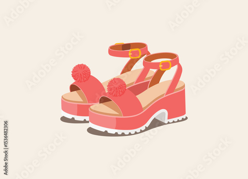 Stylish Pink Platform Sandals with Pom-Poms A Flat Vector Illustration