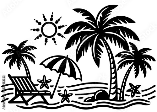 Tropical beach landscape with palm trees and clear ocean