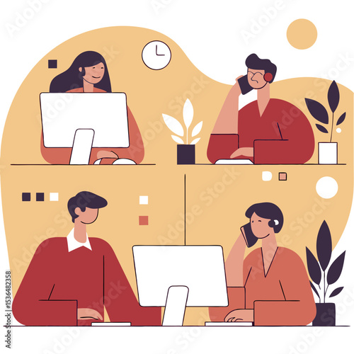Global Remote Workforce: Collaborative Telework and Productive Online Business Meetings Vector Illustration