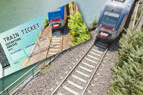 Fototapeta Naklejka Na Ścianę i Meble -  Train ticket - concept image with copy space - The contents of the image are totally invented. The background image, with train, is a picture of my property.