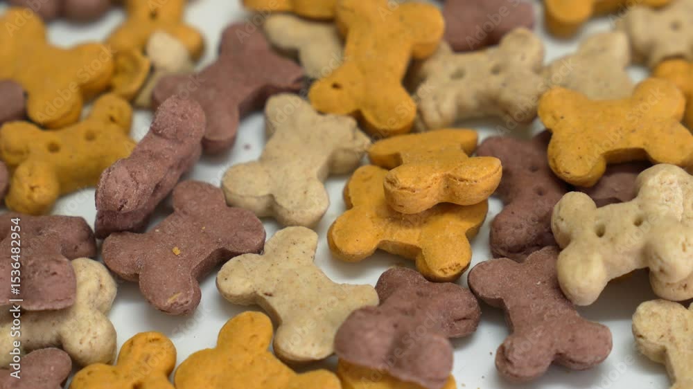 Dog biscuits close up.
Animal food in the form of bones.
Food for animals.
Dry dog ​​food