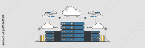 Minimalist cloud storage illustration with servers and arrows – Suitable for tech websites, software services, or data backup content.