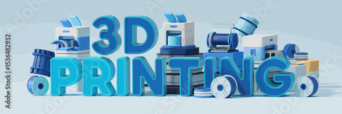 3d printing text with layered objects, printers, and filament spools in abstract style – Perfect for additive manufacturing, prototyping, or creative technology content