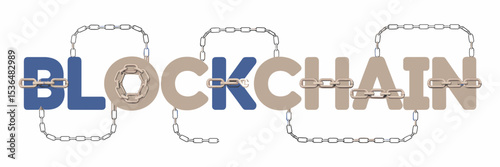Creative blockchain text with linked chains, blocks, and data nodes in blue and beige – Great for cryptocurrency, finance technology, or digital ledger concepts