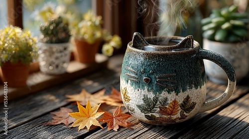 Autumnal Still Life: Steaming Cat Mug Surrounded by Fall Leaves on Rustic Wood