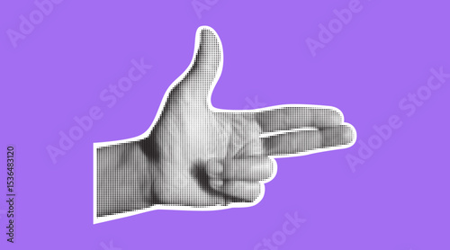 Hand making finger gun gesture. Pistol icon, sticker with halftone effect. Collage dotted element. Shooting symbol.