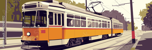 Tram moving on city tracks with warm hue – Perfect for urban transport, cityscape, or travel-related campaigns.