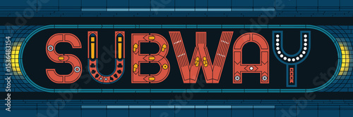 stylized subway illustration with tunnel, train cars, and station signs in vintage style – ideal for urban transport, city maps, or transit promotions