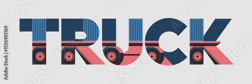 bold truck text illustration with cargo trailers, wheels, and loading docks embedded – perfect for transport branding, freight, or warehouse themes
