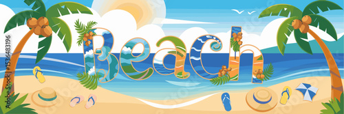tropical beach with palm trees coconuts sun hats and flip-flops – perfect for travel promotions summer lifestyle and beach vacation content