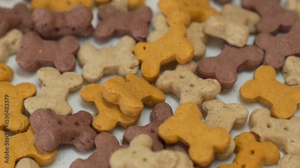 Dog biscuits close up.
Animal food in the form of bones.
Food for animals.
Dry dog ​​food