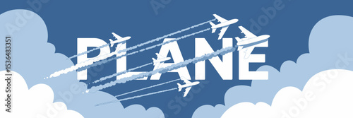 Vector illustration of plane text with airplanes contrails and clear sky with fluffy clouds – Ideal for aviation and airline marketing