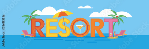 Vector illustration of tropical resort text with sun loungers and cocktails – Ideal for travel branding, summer promotions, or beach lifestyle content.