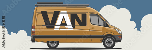 Illustration of a van with sliding doors rooftop racks and cloudy sky background – Perfect for delivery service ads, vehicle rental promotions, or travel content.